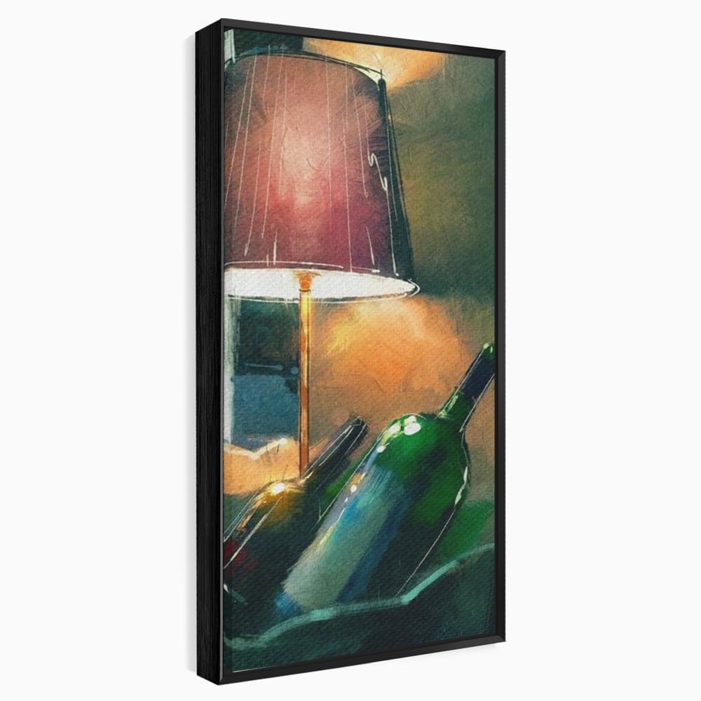 Tablou canvas cu tablou canvas cu lampa si sticle de vin, in rama de aluminiu negru